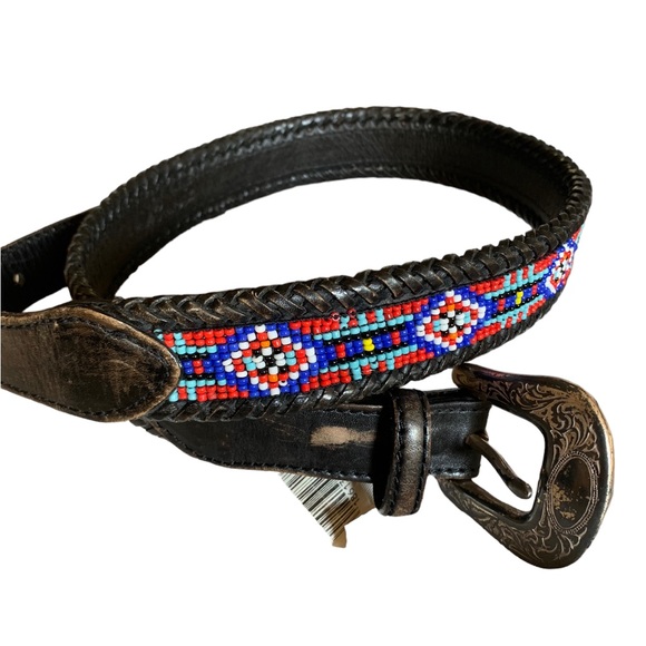 Vtg Eddie Bauer Southwest Native Beaded Belt Black Leather Size 28” - Picture 1 of 10